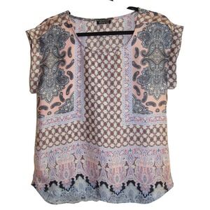Papermoon Stitch Fix Womens M Pink Blue Paisley Tile Print Cap Sleeve Blouse Top